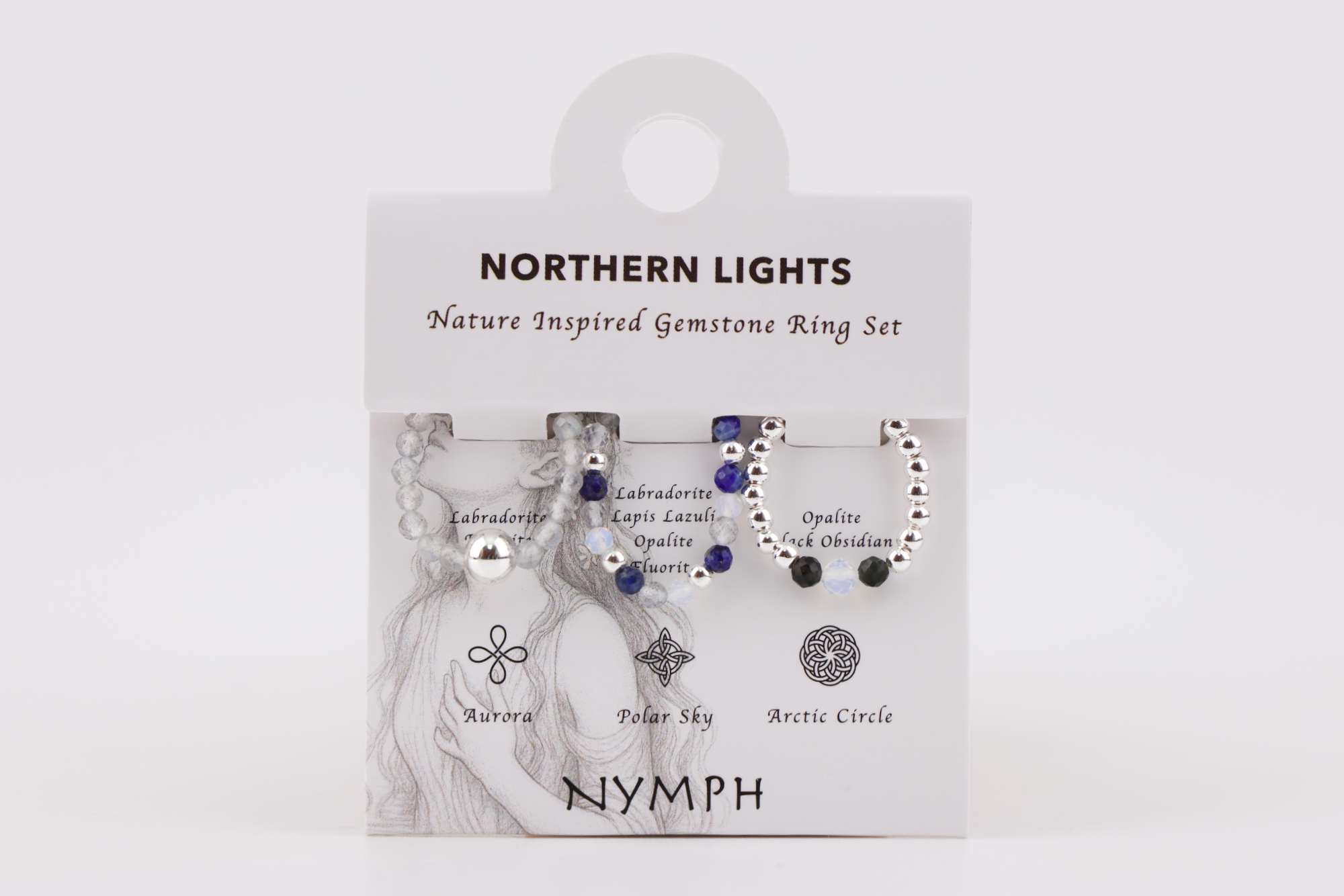 Das Nymph Edelsteinring‑Set – Nordlicht fängt die Bewegung, Tiefe und Farbwechsel des Polarlichts ein. 