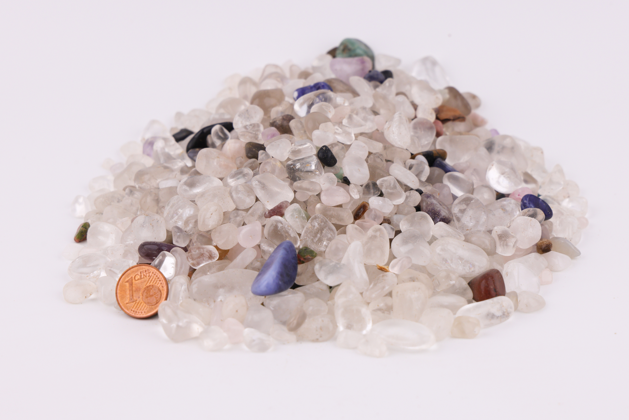 Quarz Trommelsteine Mix aus Bergkristall, Rauchquarz & Rosenquarz (0,5–1,5 cm)
