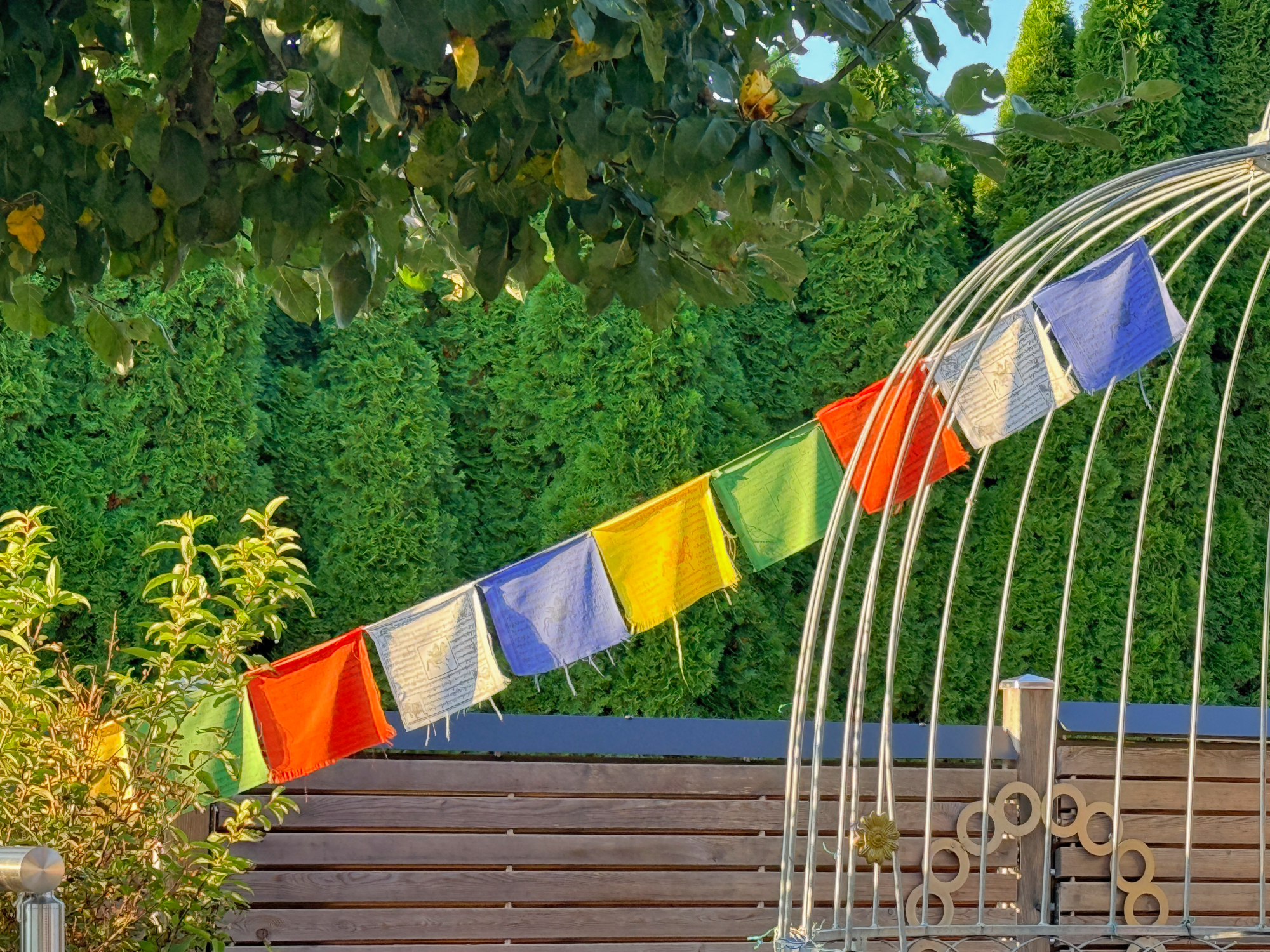 Tibetische Gebetsfähnchen in fünf Farben hängen diagonal im Garten vor grünen Sträuchern