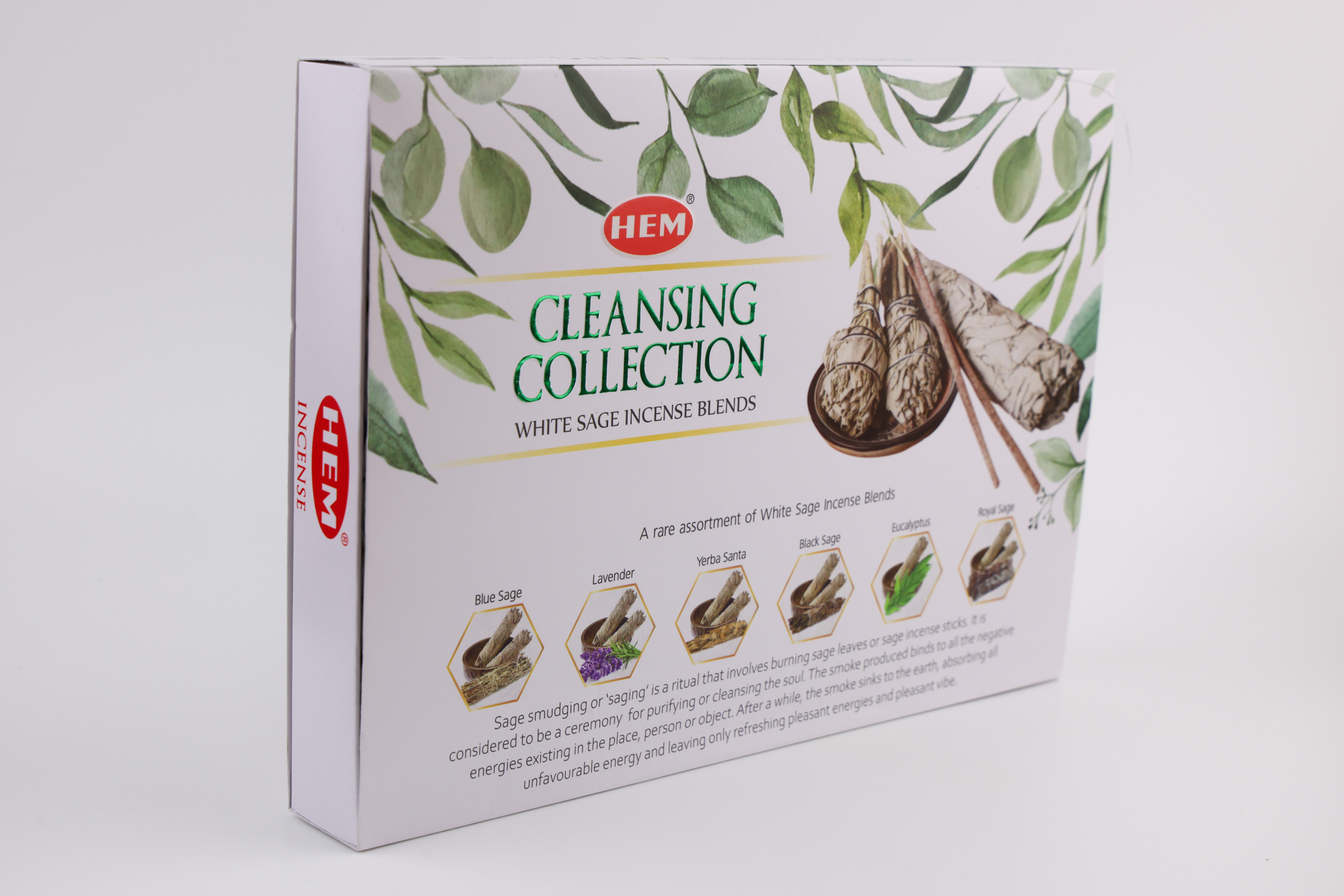 HEM Weiße Salbei Kollektion Räucherstäbchen Set mit 6 Duftsorten, darunter Lavendel, Yerba Santa, Blauer Salbei, Königssalbei, Schwarzer Salbei und Eukalyptus, präsentiert in geöffneter Geschenkbox mit Aschefänger